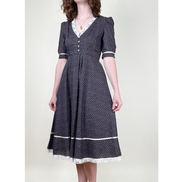 Vintage 70s Puff Sleeve Midi Dress Cottagecore Prairie Floral Print Lace Western - Picture 7 of 7